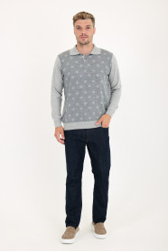 Mid Grey Polo Neck Diamond Jacquard Button Wool Knit Sweater
