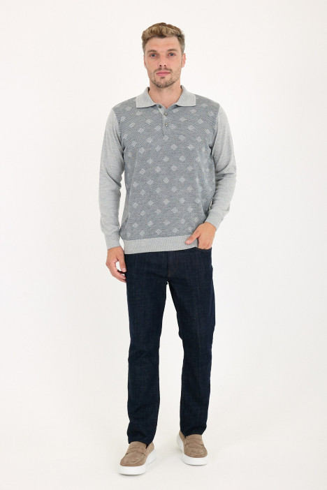 Mid Grey Polo Neck Diamond Jacquard Button Wool Knit Sweater