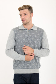 Mid Grey Polo Neck Diamond Jacquard Button Wool Knit Sweater