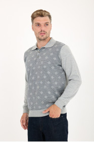 Mid Grey Polo Neck Diamond Jacquard Button Wool Knit Sweater