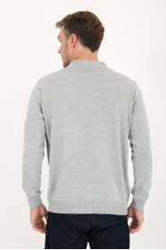 Mid Grey Polo Neck Diamond Jacquard Button Wool Knit Sweater