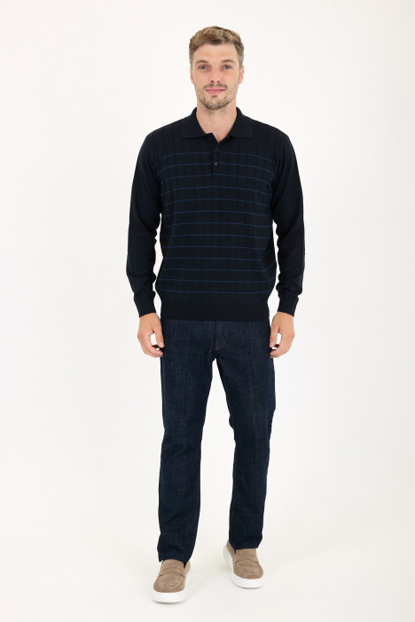 Navy Polo Neck Checked Button Wool Knit Sweater