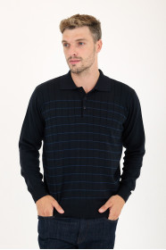 Navy Polo Neck Checked Button Wool Knit Sweater