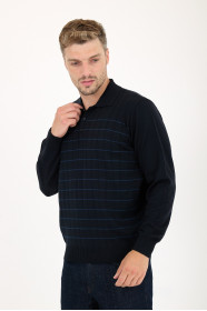 Navy Polo Neck Checked Button Wool Knit Sweater