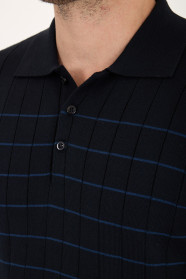 Navy Polo Neck Checked Button Wool Knit Sweater