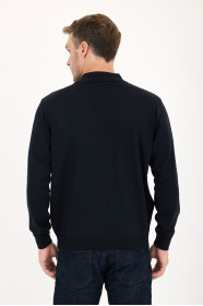 Navy Polo Neck Checked Button Wool Knit Sweater