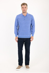 Cornflower Blue Polo Neck Checked Button Wool Knit Sweater