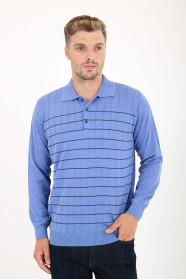 Cornflower Blue Polo Neck Checked Button Wool Knit Sweater
