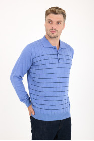 Cornflower Blue Polo Neck Checked Button Wool Knit Sweater