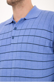 Cornflower Blue Polo Neck Checked Button Wool Knit Sweater