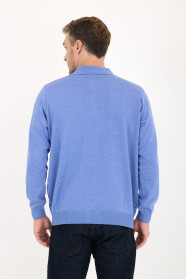 Cornflower Blue Polo Neck Checked Button Wool Knit Sweater