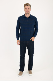 Indigo Polo Neck Checked Button Wool Knit Sweater