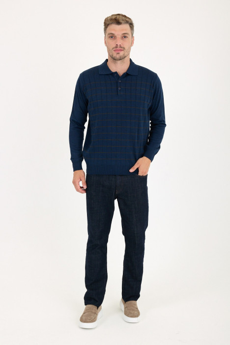 Indigo Polo Neck Checked Button Wool Knit Sweater