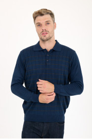 Indigo Polo Neck Checked Button Wool Knit Sweater