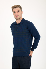 Indigo Polo Neck Checked Button Wool Knit Sweater