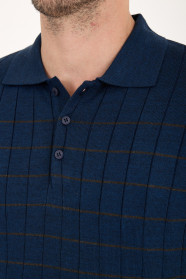 Indigo Polo Neck Checked Button Wool Knit Sweater