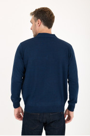 Indigo Polo Neck Checked Button Wool Knit Sweater