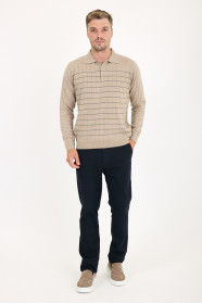 Dark Beige Polo Neck Checked Button Wool Knit Sweater