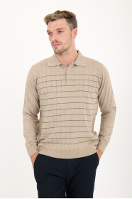 Dark Beige Polo Neck Checked Button Wool Knit Sweater