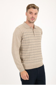 Dark Beige Polo Neck Checked Button Wool Knit Sweater
