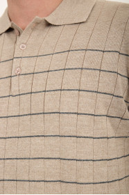 Dark Beige Polo Neck Checked Button Wool Knit Sweater