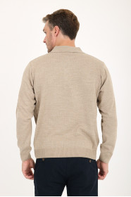Dark Beige Polo Neck Checked Button Wool Knit Sweater