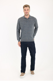 Dark Grey Polo Neck Checked Button Wool Knit Sweater