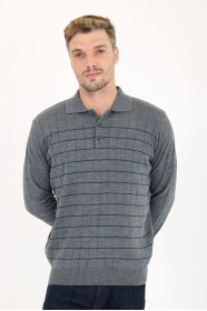 Dark Grey Polo Neck Checked Button Wool Knit Sweater