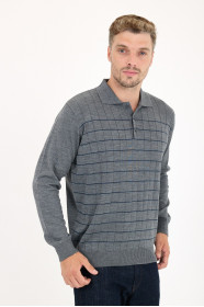Dark Grey Polo Neck Checked Button Wool Knit Sweater