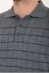 Dark Grey Polo Neck Checked Button Wool Knit Sweater