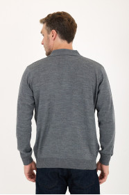 Dark Grey Polo Neck Checked Button Wool Knit Sweater