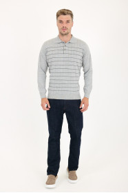 Mid Grey Polo Neck Checked Button Wool Knit Sweater