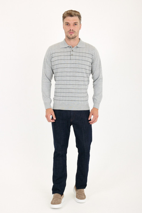 Mid Grey Polo Neck Checked Button Wool Knit Sweater