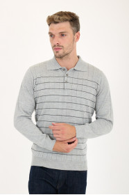 Mid Grey Polo Neck Checked Button Wool Knit Sweater