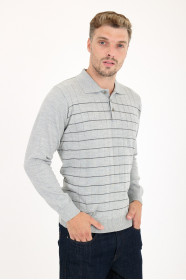 Mid Grey Polo Neck Checked Button Wool Knit Sweater