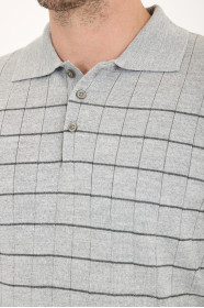Mid Grey Polo Neck Checked Button Wool Knit Sweater