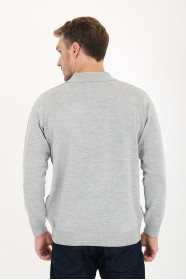 Mid Grey Polo Neck Checked Button Wool Knit Sweater