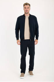 Navy Bomber Collar Zip Snap Wool Knit Jacket
