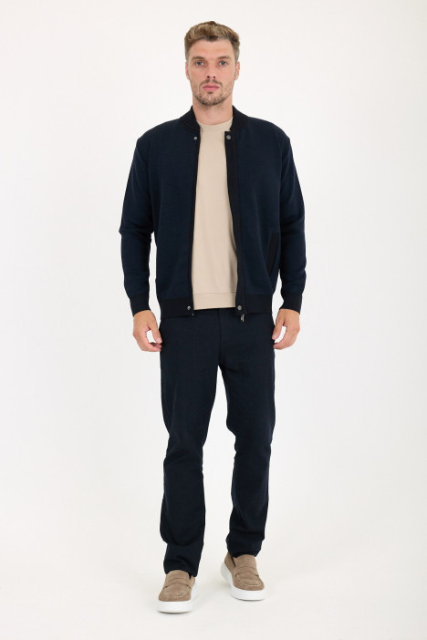 Navy Bomber Collar Zip Snap Wool Knit Jacket