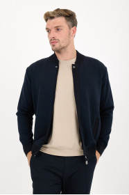 Navy Bomber Collar Zip Snap Wool Knit Jacket
