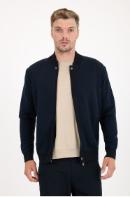 Navy Bomber Collar Zip Snap Wool Knit Jacket
