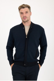 Navy Bomber Collar Zip Snap Wool Knit Jacket