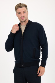 Navy Bomber Collar Zip Snap Wool Knit Jacket