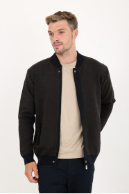 Brown Melange Bomber Collar Zip Snap Wool Knit Jacket