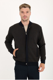 Brown Melange Bomber Collar Zip Snap Wool Knit Jacket