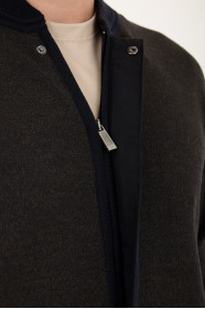 Brown Melange Bomber Collar Zip Snap Wool Knit Jacket