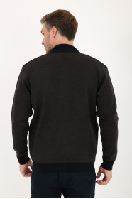 Brown Melange Bomber Collar Zip Snap Wool Knit Jacket