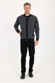 Dark Grey Bomber Collar Zip Snap Wool Knit Jacket