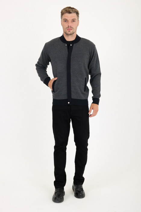 Dark Grey Bomber Collar Zip Snap Wool Knit Jacket