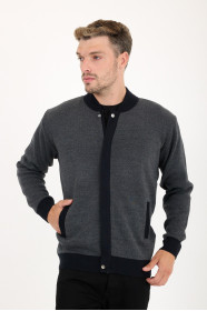 Dark Grey Bomber Collar Zip Snap Wool Knit Jacket